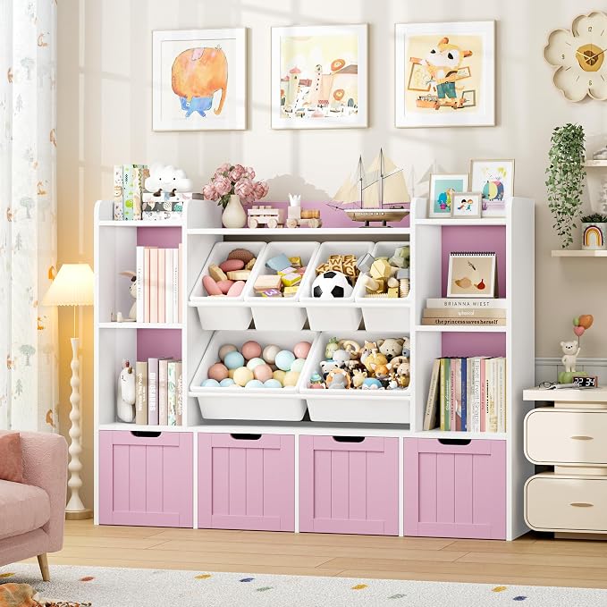 Toy Storage Organizer with Movable Drawer Toy Organizer for Kids | Large Toy Organizers and Storage with 6 Storage Cubbies, Kids Toy Storage and Toy Chest for Playroom and Kids Room, Pink by finetones