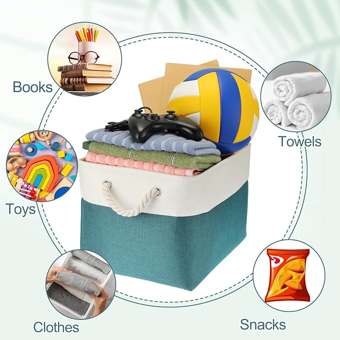 meekoo 8 Pack Collapsible Storage Bins Fabric Storage Bins Polyester Fabric Baskets with Handles Linen Closet Organizer for Shelf Home Closet Towels Toys(15 x 11 x 9.5 in,Cyan White) - Image 7