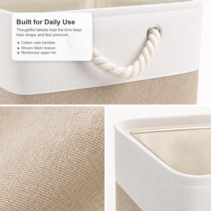11x11 Inch Cube Storage Bins, 6 Pack Collapsible Fabric Storage Cubes with Rope Handles, Waterproof Foldable Storage Baskets for Cube Shelves, Closet, Clothes, Toys, Books, White & Beige - Image 4