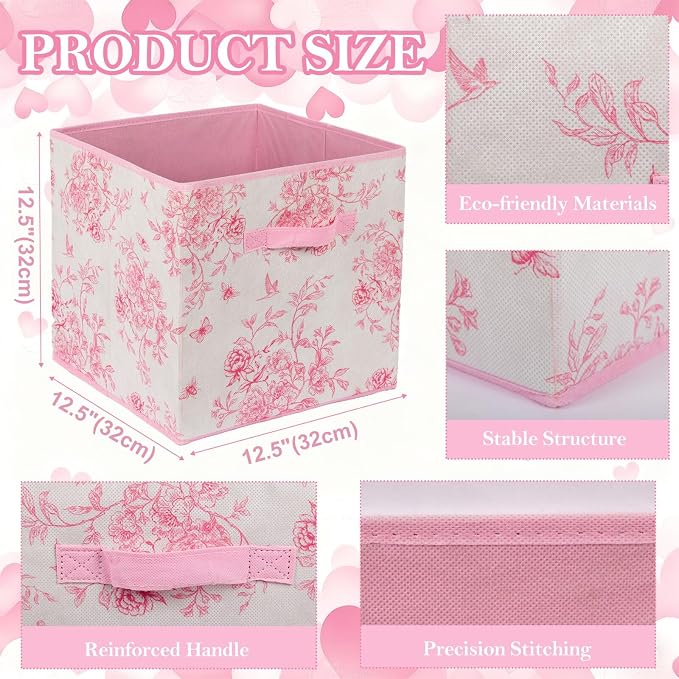 6 Pcs Pink Floral Cube Storage Bins 12.5 Inch Pink Flower Storage Basket with Handle, Preppy Girls Organizer Basket, Collapsible Fabric Box for Classroom Bedrooms Office Home Decoration (Flower) - Image 2