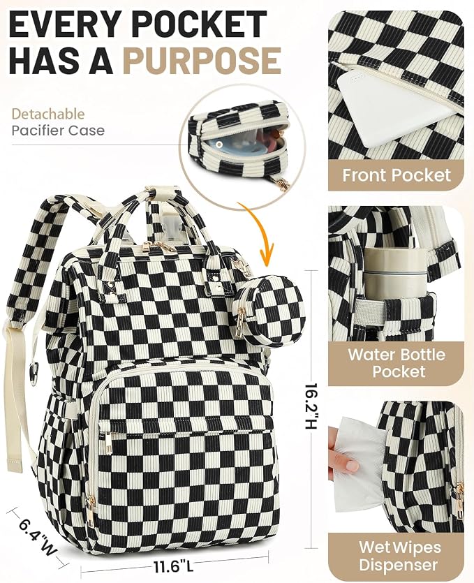 Corduroy Diaper Bag Backpack, Large Capacity Multifunction Baby Diaper Bags for Women, Insulated Bottle Pockets & Pacifier Case, Stylish Travel Nappy Changing Bags for Mom Dad (Checkered Black) - Image 5