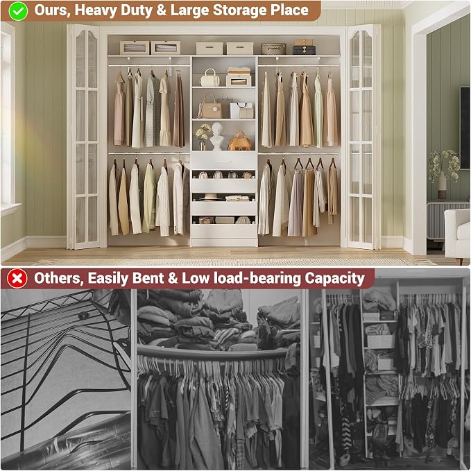Aheaplus Closet System with Drawers, Wood Closet Organizer System with 4 Hanging Rods & Top Shelves, Walk-in Closets Organizer Wardrobe Clothes Rack System, Cut Fits Spaces 4-9FT. Wide, White - Image 6
