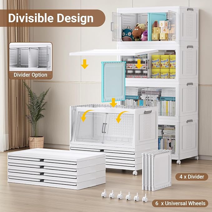 200Gal XL Stackable Storage Bins Foldable Box Cabinet for Home 4Pack White | Extra Large Plastic Boxes with Dividers Multi-Compartment Collapsible Closet Organizers and Storage Cabinet with Wheels Door - Image 3