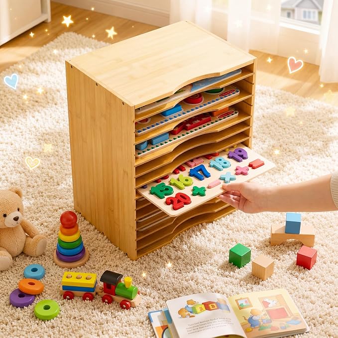 Ripeng 1 Pack Bamboo Puzzle Holder Rack, 12-Tier Adjustable Storage Organizer for Flat and Thick Jigsaw Puzzles, Space Saving Desktop Shelf, Gift for Craft Jigsaw Puzzle Lovers (Natural Wood) - Image 2
