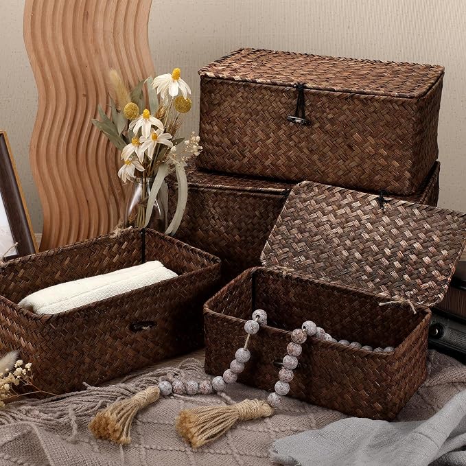 Woanger Set of 4 Wicker Baskets with Lids, Nautral Seagrass Storage Baskets, Woven Rectangular Basket Bins, Rattan Storage Organizer for Shelf Closet Bedroom(Coffee) - Image 3