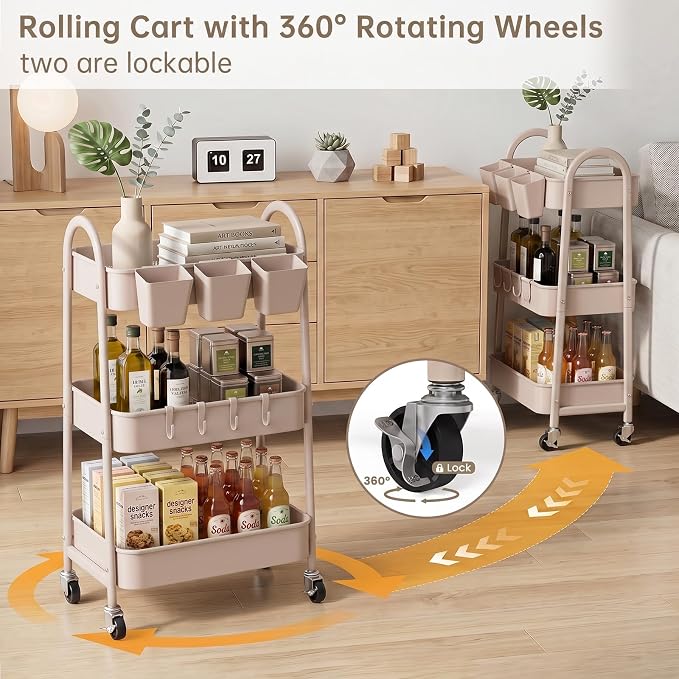 danpinera 3-Tier Rolling Cart, Utility Cart Mobile Metal Rolling Storage Cart with Lockable Wheels & Hanging Cups & Hooks for Kitchen, Bathroom, Office, Workshop, Beige - Image 4