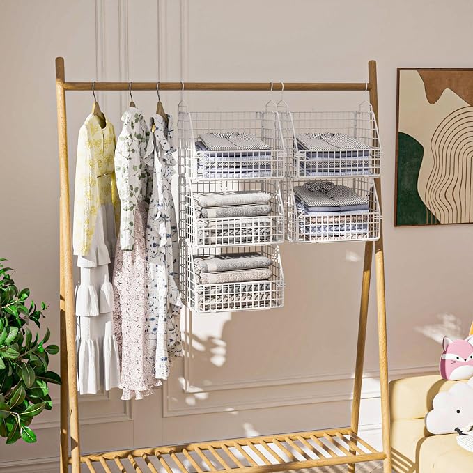 PUPPYCUTE Hanging Closet Organizer and Storage, Clothes Hanging Shelves Wire Baskets for Clothing Sweaters Purse Handbags Shoes White 5 Tier - Image 3