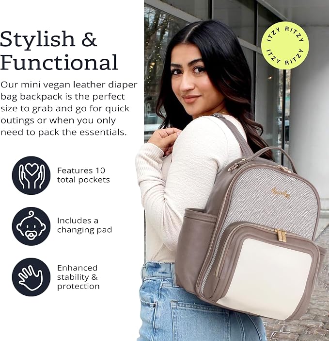 Itzy Ritzy Mini Diaper Bag Backpack, 10 Pockets Changing Pad, Vanilla Latte | Chic Mini Plus Diaper Bag with 2 Insulated Bottle Pockets, Key Lanyard, Wipeable Changing Pad, Grab-Top Handle & Rubber Feet - Image 3
