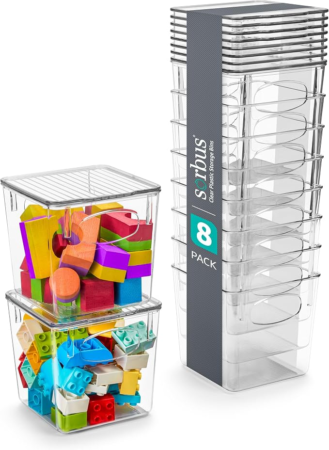 Sorbus Small Clear Plastic Storage Bins With Lids - Stackable Organizers for Toys, Clothes, Medicine, Makeup, Closet, Art Supply, Bathroom, Shoes (8 Pack) by Sorbus