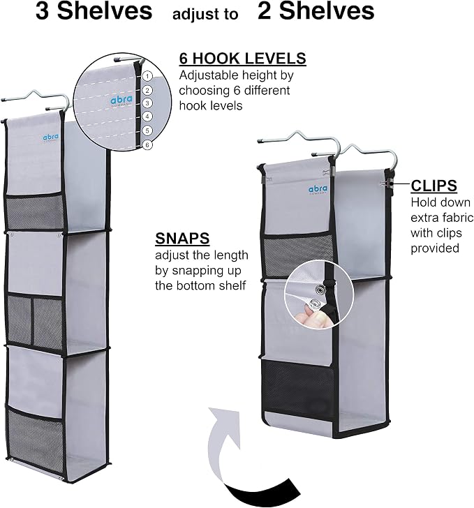 ABRA® 3 Shelf Hanging Locker Organizer for School, Gym, Work, Storage | Deep Shelves 6.5”x 9”| Eco-Friendly Fabric Healthy for Children | Adjustable School Locker Shelf from 3 to 2 Shelves(Grey/Black) - Image 5