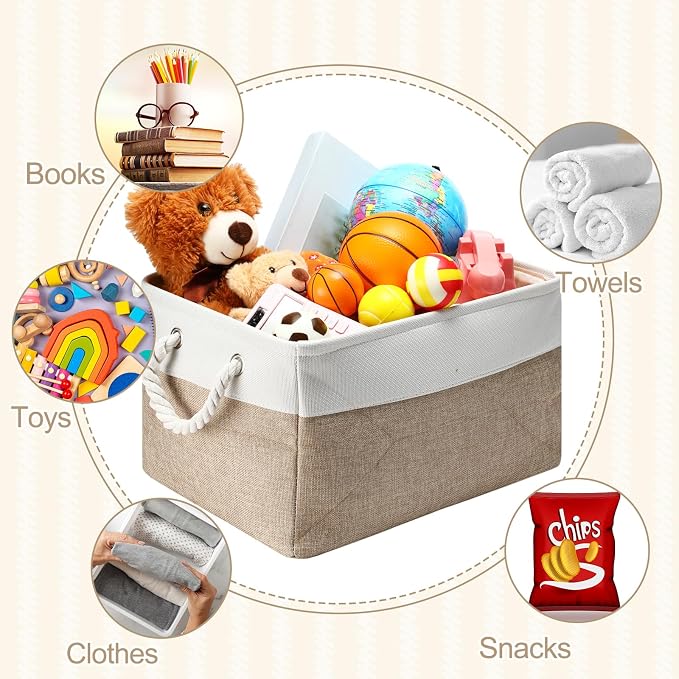 FoldTier 10 Pack Large Collapsible Fabric Storage Baskets with Handles Decorative Storage Bins for Organizing Shelves Toys Clothes(White & Beige,16 x 12 x 10 Inches) - Image 5