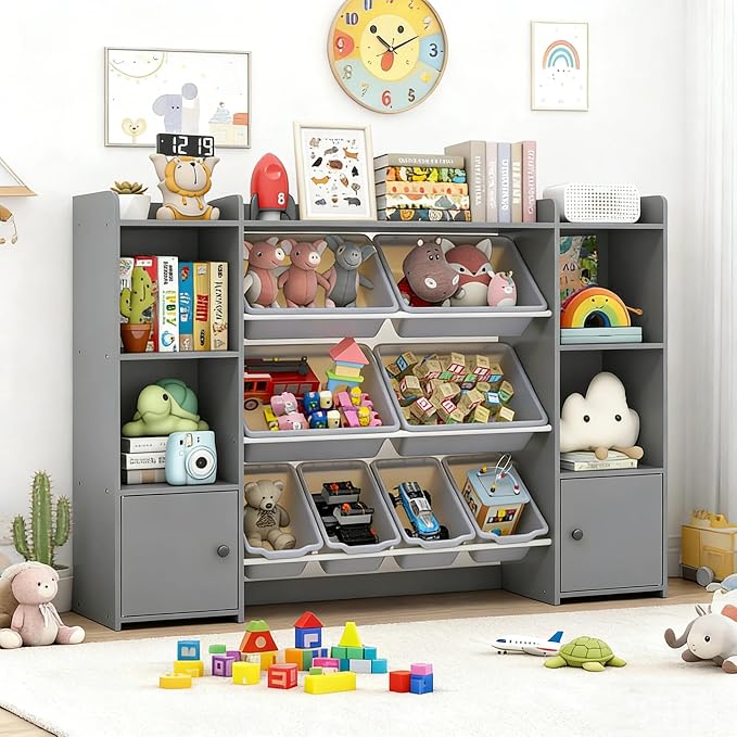 Costzon 56.5'' Kids Toy Storage Organizer w/ 8 Removable Bins, 4-Tier Toddler Bookshelf Cubbies, Preschool Children's Montessori Bookshelf w/6 Large Cabinet for Playroom, Daycare, Kids Room, Classroom by Costzon