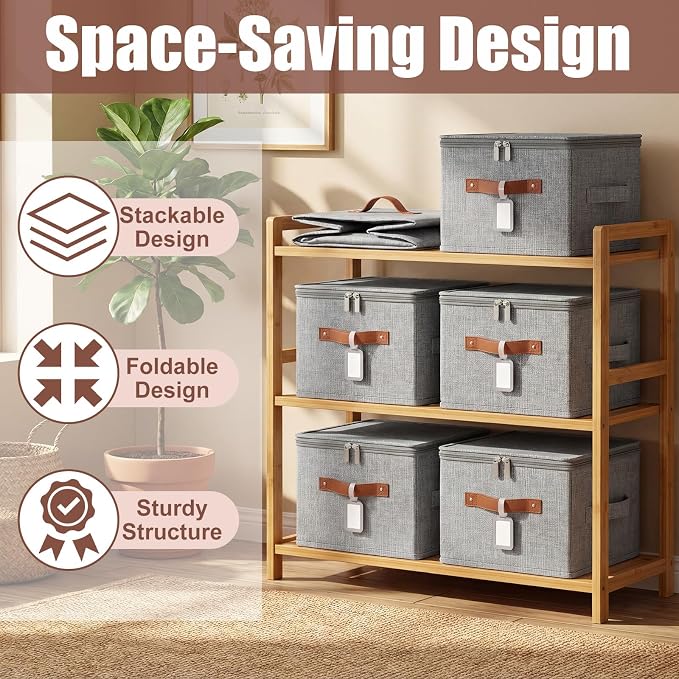 6 Pack 15 Inch Fabric Closet Storage Bins with Lids, 15x10x10In Large Foldable Cotton Linen Storage Cubes Boxes with PU Handle & Label Holder for Bedroom Organization, Shelf, Nursery, Gray - Image 5