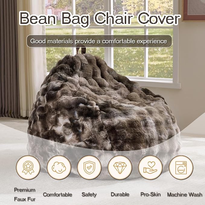 Fluffy Faux Rabbit Fur Bean Bag Chair Cover(No Filler),Cozy Shaggy Bubble Stuffed Animal Storage Large Bean Bag Cover for Bedroom Living Room,Fuzzy Bean Bag Cover Girls Teens Adult,Tie-dye Coffee - Image 2