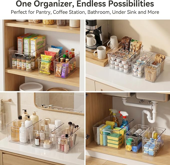 MOONEDGE 10 Pack Clear Plastic Storage Organizer Bins, 4 Large & 6 Narrow | Under-Sink Storage Containers, Kitchen, Pantry, Bathroom, Cabinet Organization, Clear Bins for Organizing, Deep Narrow Bins - Image 2