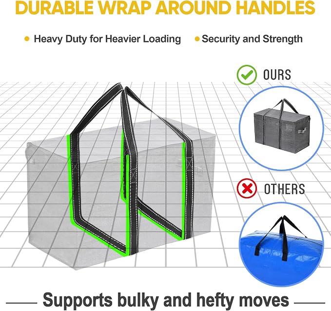 VENO 4 Pack Heavy Duty Moving Bags, Extra Large Storage Bags with Reinforced Handles & Strong Zippers, Foldable & Reusable Moving Box Alternative for Clothes & Dorm Storage - Image 5