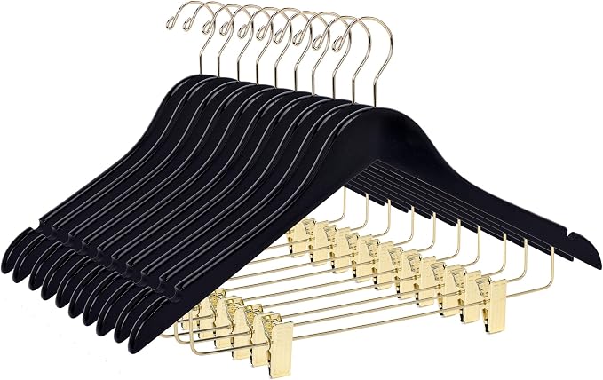 Quality Hangers Quality Wooden Skirt Hangers with Clips 80-Pack Black Pants Adjustable Gold Metal Clips, Swivel Hook, Coat, Jacket, Blouse Suit (Black - 80) 17.5'' - Image 9