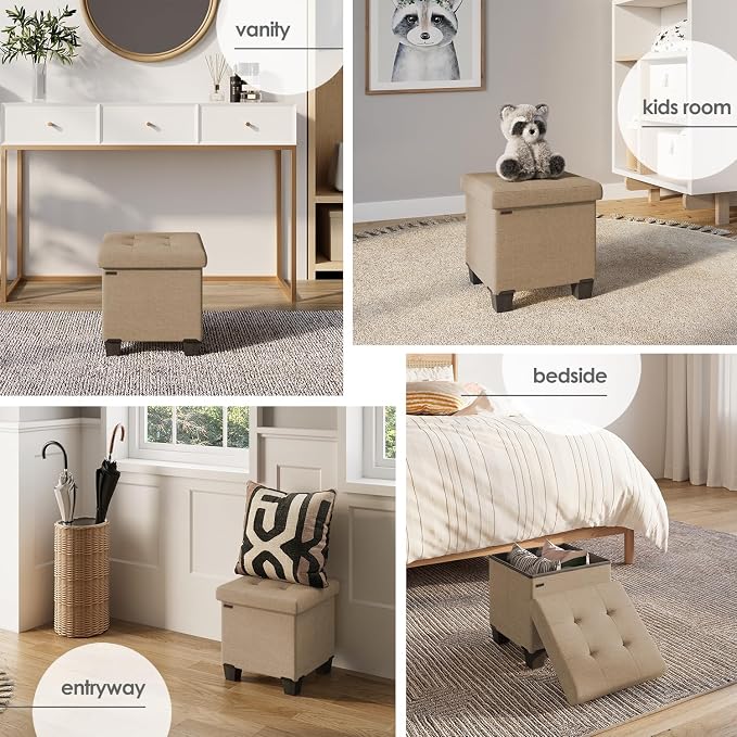 Storage Ottoman Cube with Small Bin, 15-in Square Ottoman with Storage for Living Room and Bedroom, Small Ottomans Foot Rest, Fabric Foot Stools Ottomans Max 330lbs, Taupe - Image 4
