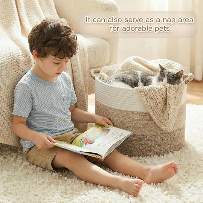 Artfeel 70L Large Cotton Rope Basket, Decorative Woven Blanket Storage for Living Room, Boho Toy Storage & Toy Box for Kids, Versatile Laundry Basket & Nursery Hamper for Blankets(BrownYellow) - Image 3