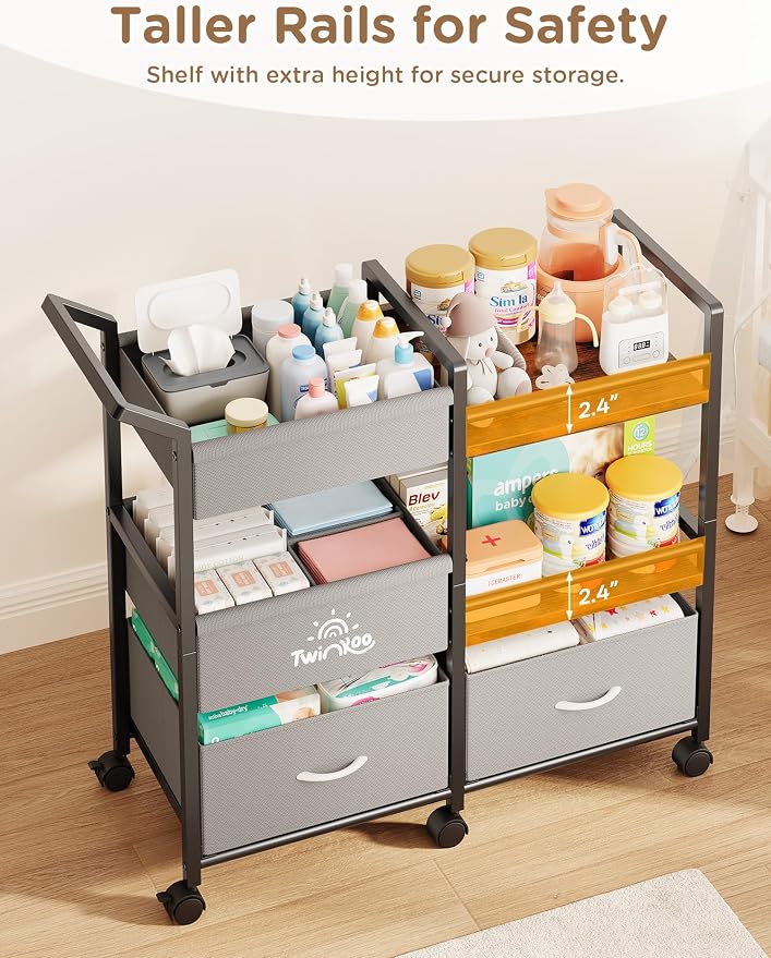 Twinkoo Baby Diaper Caddy Organizer, 3 Tier Rolling Cart | Tiered Modular Configuration, 66 lbs Capacity, Rolling Wheels, Dipaer Bag, Nursery Newborn Essentials, Easy To Assemble - Image 6