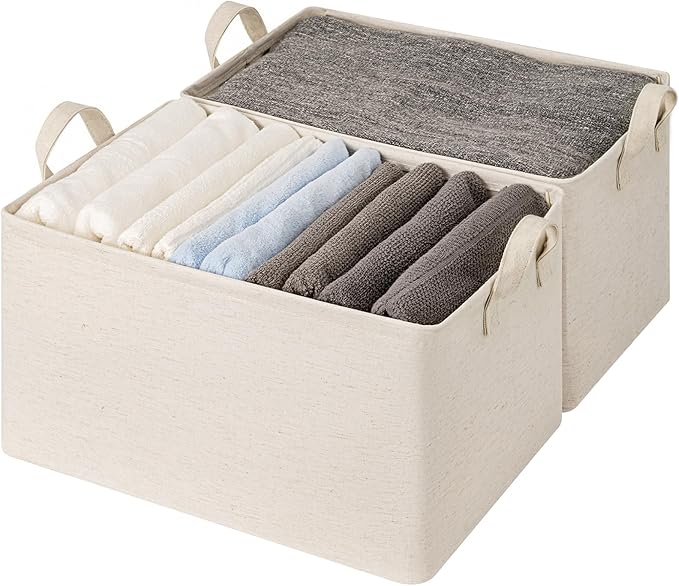 StorageWorks Linen Closet Storage Bins, 45L Storage Baskets, Beige, 2-Pack | Extra Large, With Reinforced PU Handles, Metal Frame, Collapsible Basket for Shelves, Closet, Holds Clothes, Towels, Blankets - Image 4