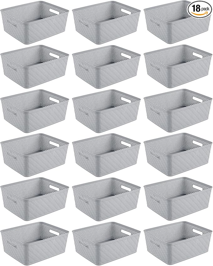 Sterilite 18 Pack Plastic Storage Bin Organization Containers, Short Baskets, Cement by Sterilite