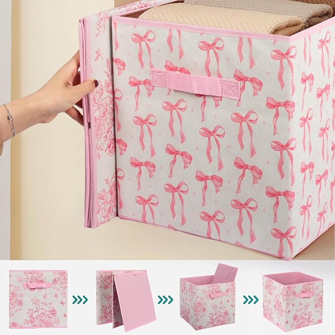6 Pcs Pink Bow Cube Storage Bins 12.5 Inch Pink Storage Basket with Handle, Preppy Girls Organizer Basket, Collapsible Fabric Box for Classroom Bedrooms Office Home Decoration (Bow) - Image 3