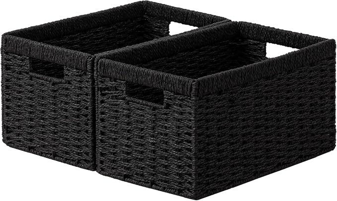 joybest Black Wicker Baskets for Shelves, Hand-woven Storage Baskets | 13.4L x 8.3W x 7.1H inch for Pantry, Kichen Organizing, Foldable Rectangular Bin with Handles, 2-pack by joybest