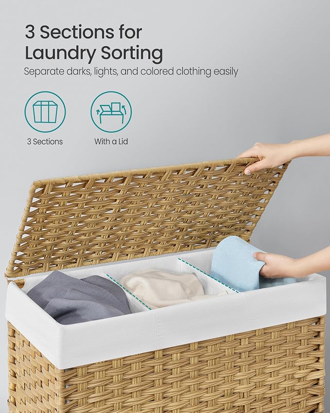 SONGMICS Laundry Hamper with Lid, 42.3 Gallons (160 L), Rolling Laundry Basket with Wheels, 3-Section Synthetic Rattan, Removable Liner, Bedroom, 29.9 x 13 x 26 Inches, Natural ULCB365N01 - Image 3