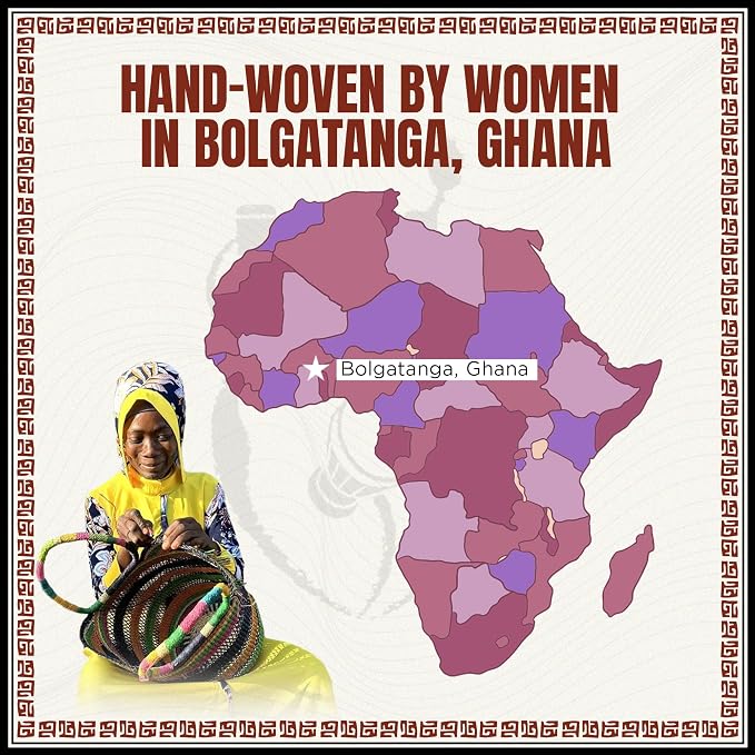 Africa Heartwood Project - Deluxe Colorful African Basket with Leather Handle - Handmade from dried Elephant Grass, Hand-Woven by Women in Bolgatanga, Ghana - Medium 14" Round Flat-packed - Image 5