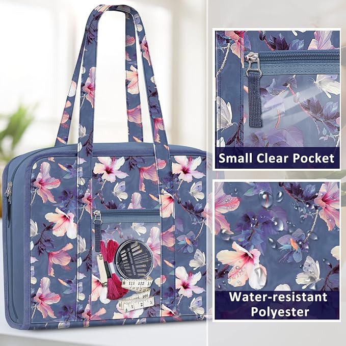 FINPAC Sewing and Craft Supplies Storage Tote Bag with Clear Pockets | Large Art Organizer Caddy Travel Packing Shoulder Bag for Knitting, Sewing Accessories, Blooming Hibiscus - Image 5
