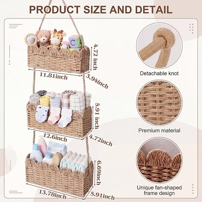 Qunclay Over The Door Hanging Basket 3-tier Decorative Hanging Nursery Baskets Large Baby Diaper Caddy Wall Mounted Woven Organizer for Home Bedroom Living Room Baby Shower Gifts - Image 3
