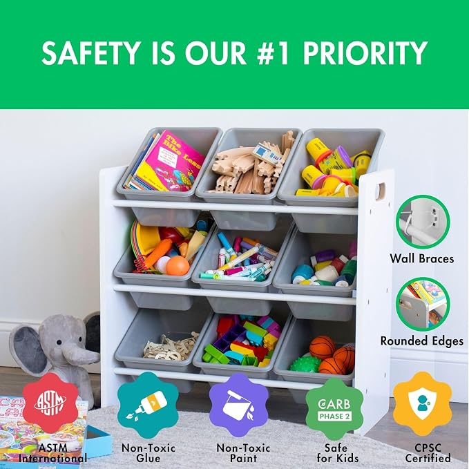 Humble Crew 9-Bin Toy Organizer – Explorer Natural White/Grey Plastic Bins, 3-Tier Storage Solution for Kids' Playrooms and Nurseries - Image 4