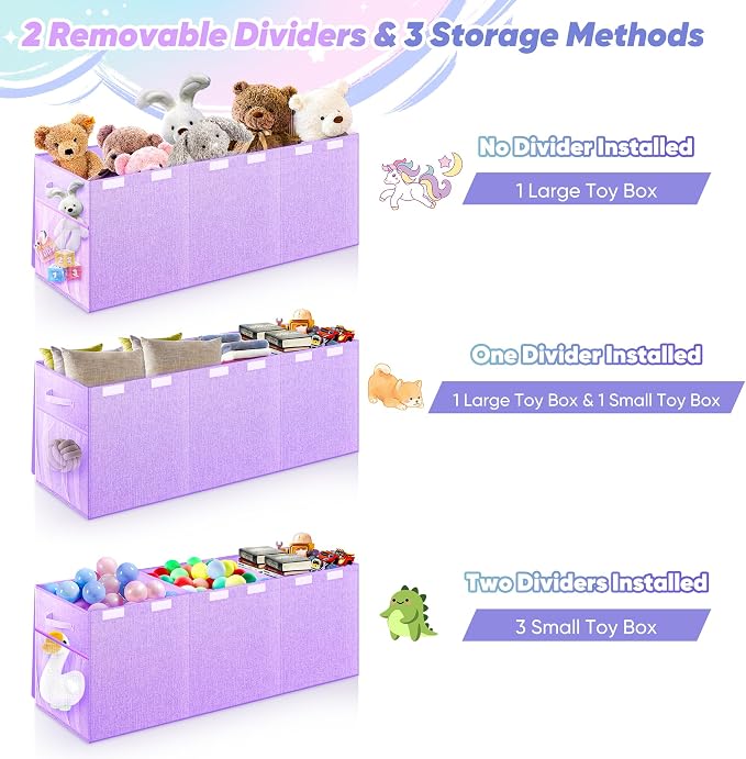 Extra Large Toy Box, Collapsible Toy Storage Organizer, 40"x16"x16", Purple | Sturdy Kids Toys Bin Chest with 2 Pockets and Dividers for Boys Girls, Dust-Proof, Nursery Bedroom Organization - Image 6
