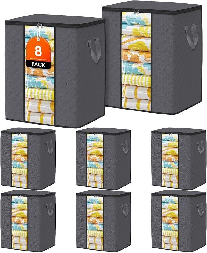 SpaceTrove Clothes Storage Bags, 8-Pack Comforter Blanket Organizers, 80L Large Capacity Containers with Visual Window for Clothing, Quilt, Sheet, Pillow, Closet Organization for Bedding (Grey) by Unknown