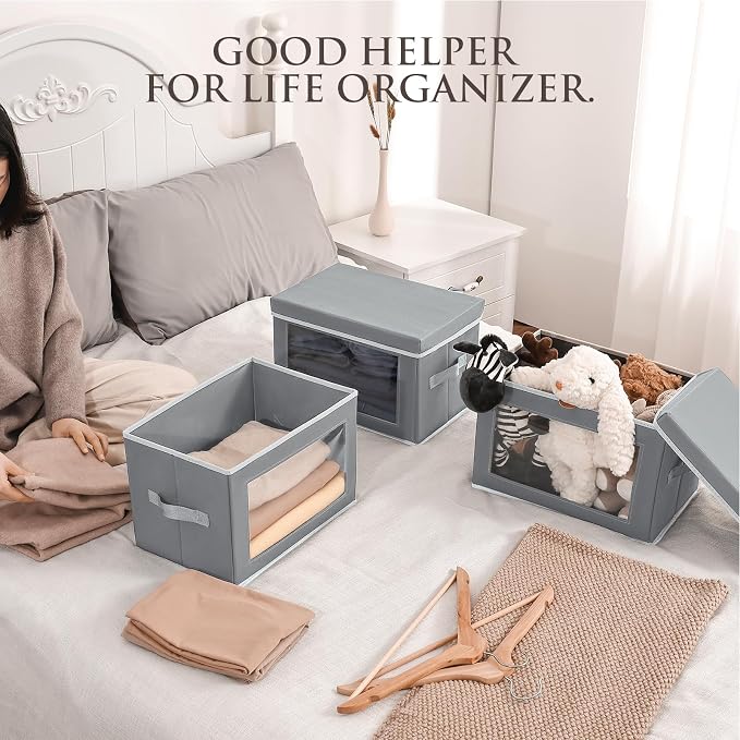 Stackable Storage Bins with Lids - Medium Storage Box with Lids, Foldable Closet Boxes for Organizing, Wardrobe Clothes Organizer with Window, Cubes Bins for Living Room, 5 Pack, Grey - Image 2