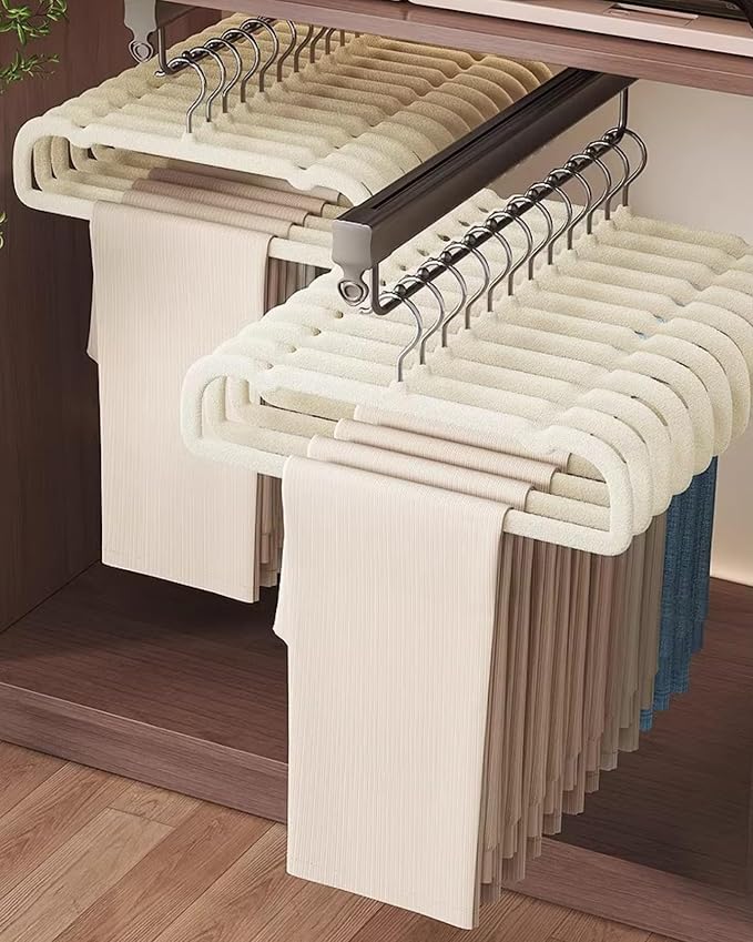 Beige Velvet Hangers Non-Slip 20 Pack Felt Hangers for Pants Trouser Hanger | 360° Swivel Silver Hook, Thin Space Saving Clothes Hanger for Jeans Slacks, Slim Perchas Terciopelo, Perchas para Pantalones - Image 4