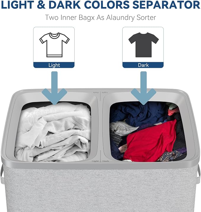 Dual Section 90 liter/23.8 gallon Laundry Hamper Separation Basket with lid, 2 Removable Washing Bags with Handles,Large Laundry Sorter for Easy Clothes Separation - Gray - Image 3