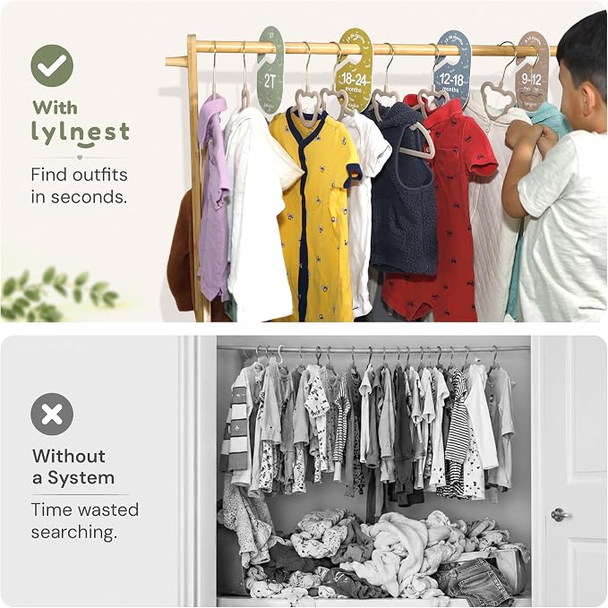 Velvet Baby Hangers with Clips & Size Dividers, 50 Pack | Organize baby clothes from newborn to 2T with 8 size dividers and 20 clips for outfits, pants, and growing wardrobes - Image 7