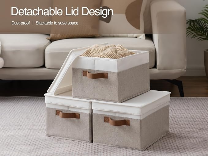 StorageWorks Fabric Storage Bins with Lids, Closet Storage Bins | Lidded Dust-proof, Easy Pull Handles, Foldable, Stackable, Ideal for Clothes Blanket Towel, Large, Brown and White, 3-Pack - Image 5