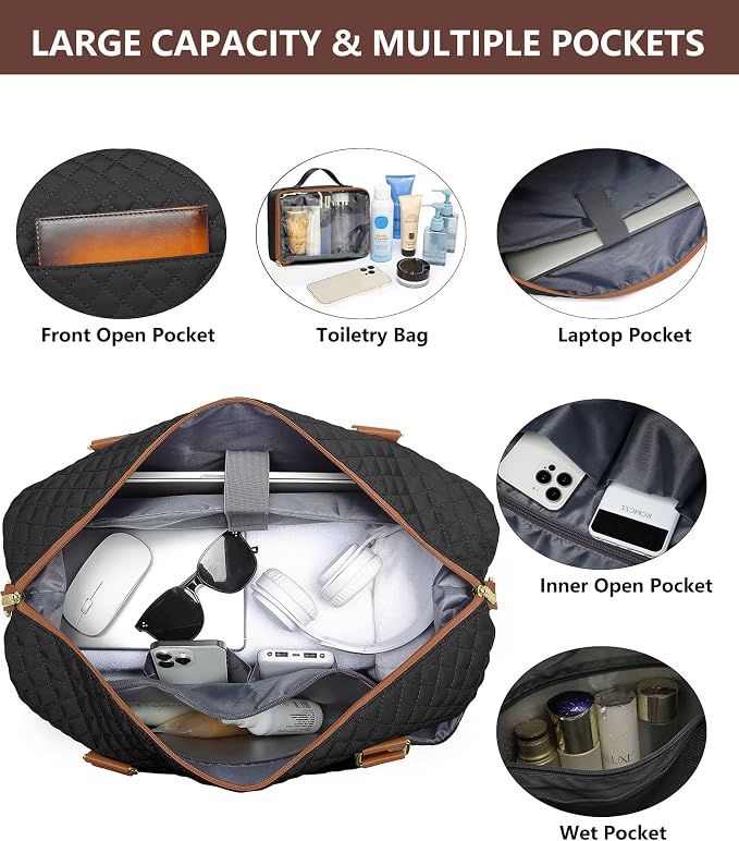 Travel Duffle for Women Weekender Bags - Large Duffel Overnight Bag with Shoe Compartment Carry on Tote Toiletry Weekend Yoga Gym Bags with Wet Pocket Hospital for Labor and Delivery Black Brown - Image 2