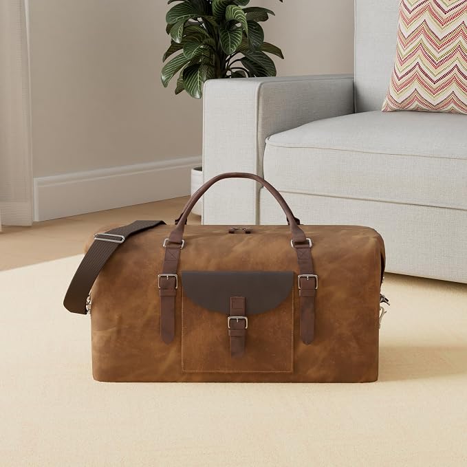 NEWHEY 55L Travel Duffel Bag, Waterproof Waxed Canvas & Leather Weekender Bag for Men, Large Carry-on Overnight Bag for 4-5 Day Business Trips & Weekend Getaways, Brown - Image 2