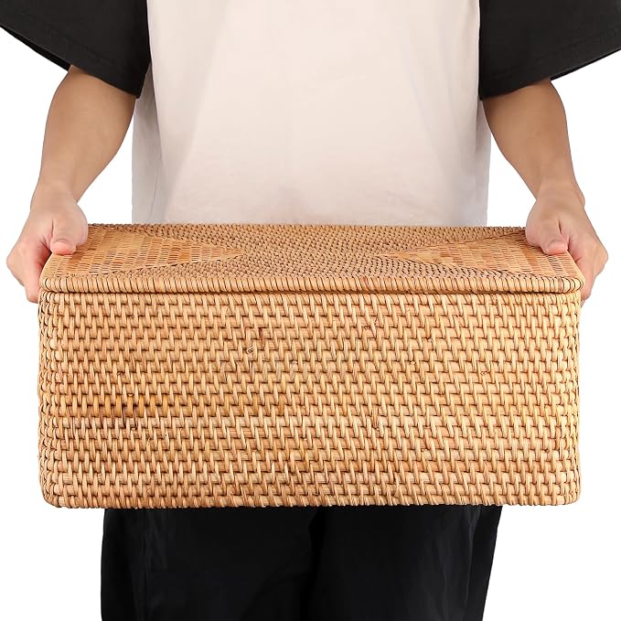 Hipiwe Rattan Basket Box with Lid X-Large Wicker Lidded Decorative Baskets | Handwoven Storage Basket Bins Rectangular Household Baskets for Shelf Organizing Home Decor, 17" x 13" x 6.7" - Image 5
