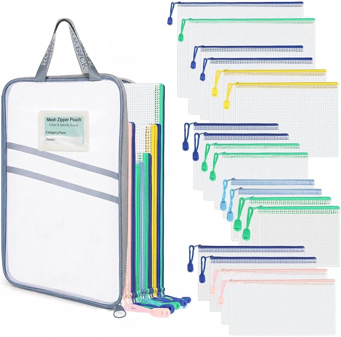 18-Pack Mesh Zipper Pouch Set with 1 Organizer Bag, 19pcs | A4 A5 A6 Bill B6 Translucent PVC Pouches for Multi-Size Categorized Storage Receipts Cards Projects Office and Travel by ROYPACKStorageSolutions
