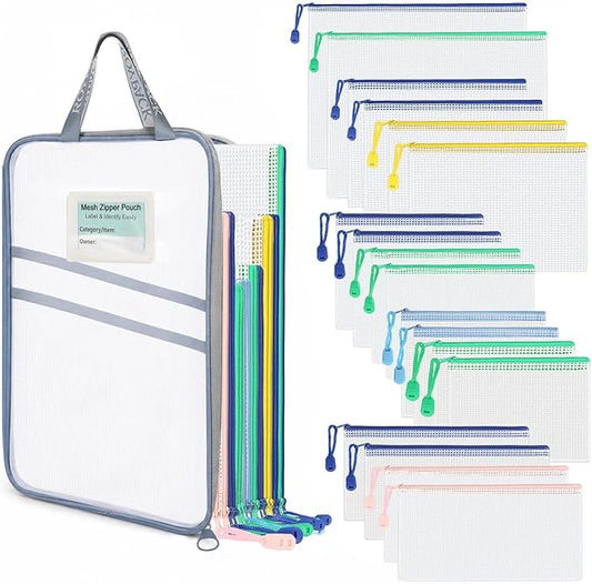 18-Pack Mesh Zipper Pouch Set with 1 Organizer Bag, 19pcs | A4 A5 A6 Bill B6 Translucent PVC Pouches for Multi-Size Categorized Storage Receipts Cards Projects Office and Travel by ROYPACKStorageSolutions