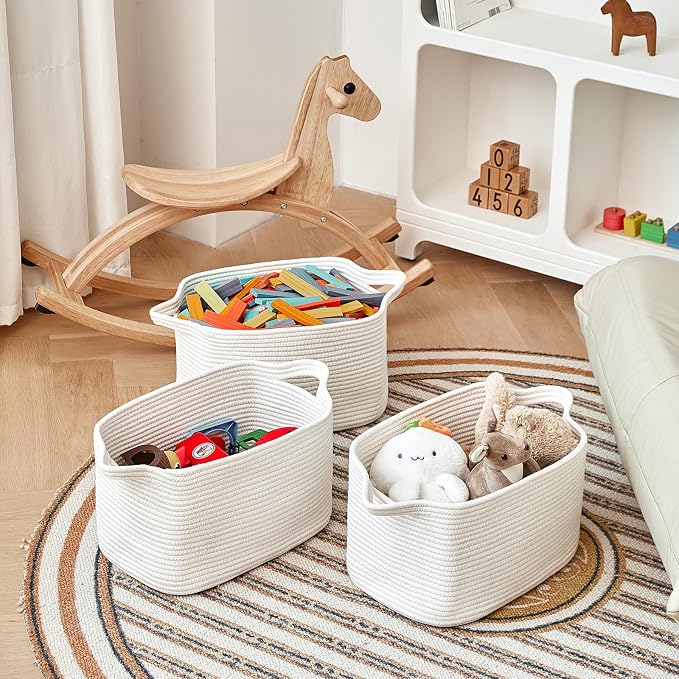R RUNKA Cotton Rope Basket Set of 3 (15"x10.2"x9.1") - Rectangle Storage Bins - Versatile Toy Storage Organizer - Perfect for Kids, Dog Toys, Books, Shelves - White - Image 3