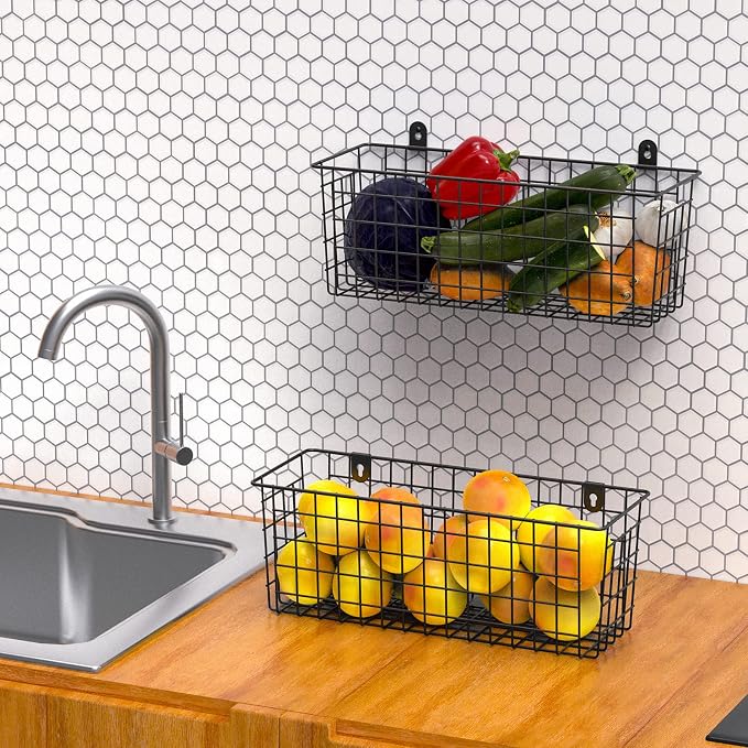 MaraFansie [Extra Large] Wire Basket 2-Pack Hanging Wall Organizer Cabinet Storage Basket Wall Mounted Shelves Rustic Farmhouse Decor for Home Kitchen Bathroom, BLACK - Image 2