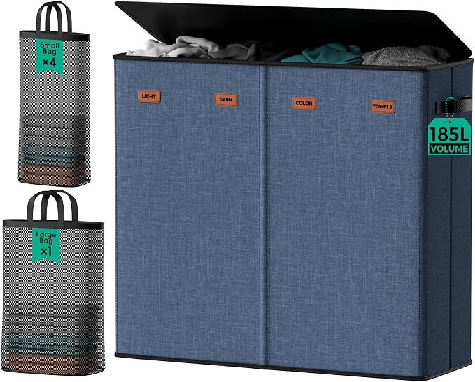 185L Laundry Hamper 4 Section with Lid & Removable Bags | Collapsible laundry basket organizer for laundry room, bedroom & dorm with 5 removable washing bags by MECINFUL