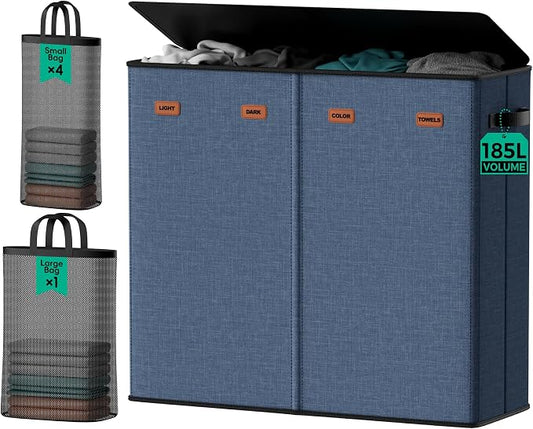 185L Laundry Hamper 4 Section with Lid & Removable Bags | Collapsible laundry basket organizer for laundry room, bedroom & dorm with 5 removable washing bags by MECINFUL