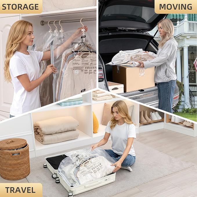 TAILI Hanging Vacuum Storage Bags for Clothes Space Saver 4 Combo Clear | Vacuum Seal Bags for Clothing Travel, Winter Clothes Storage Closet Organizers, Garment, Coats, Suits and Jackets - Image 9